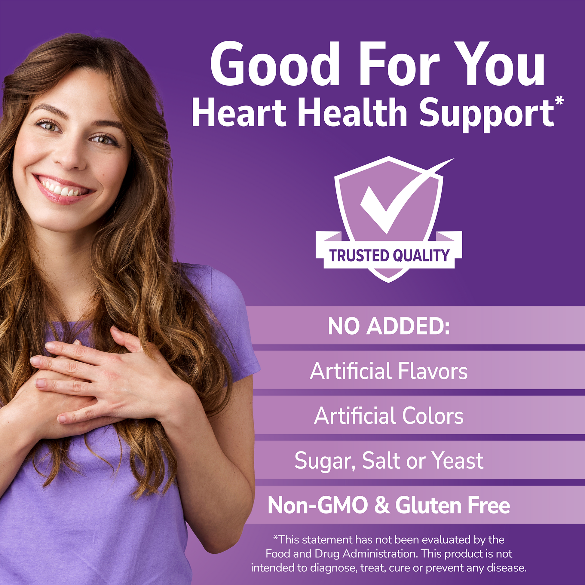 Woman holding her heart with 'Good For You' branding on a purple background