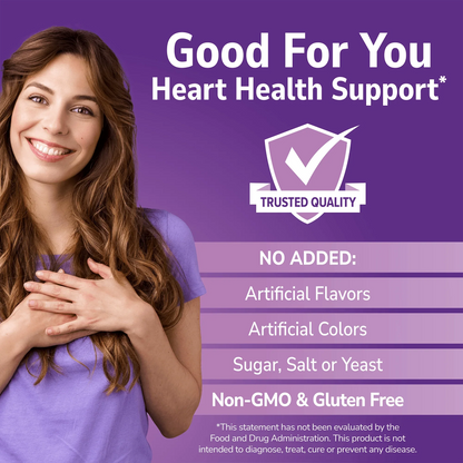 Woman holding her hands on her heart with Good For You branding on a purple background and No Added info