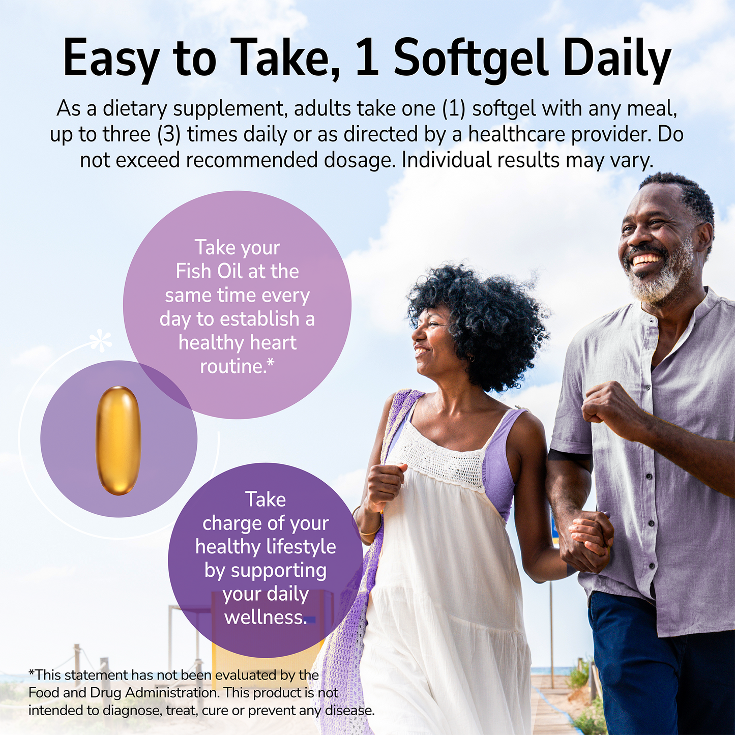 Man and woman smiling outdoors with a product advertisement overlay and product directions