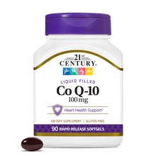 A bottle of 21st Century Co Q-10 100 mg rapid release softgels with a Co Q-10 softgel in front.