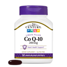 A bottle of 21st Century Co Q-10 200 mg rapid release softgels with a Co Q-10 softgel in front.