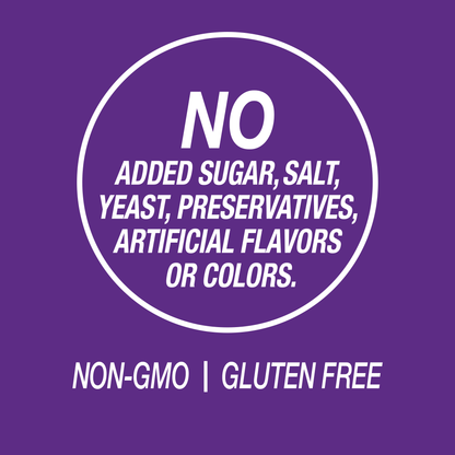 A graphic icon with the words no added sugar, salt, yeast, preservatives, artificial flavors or colors, non-GMO and gluten free.