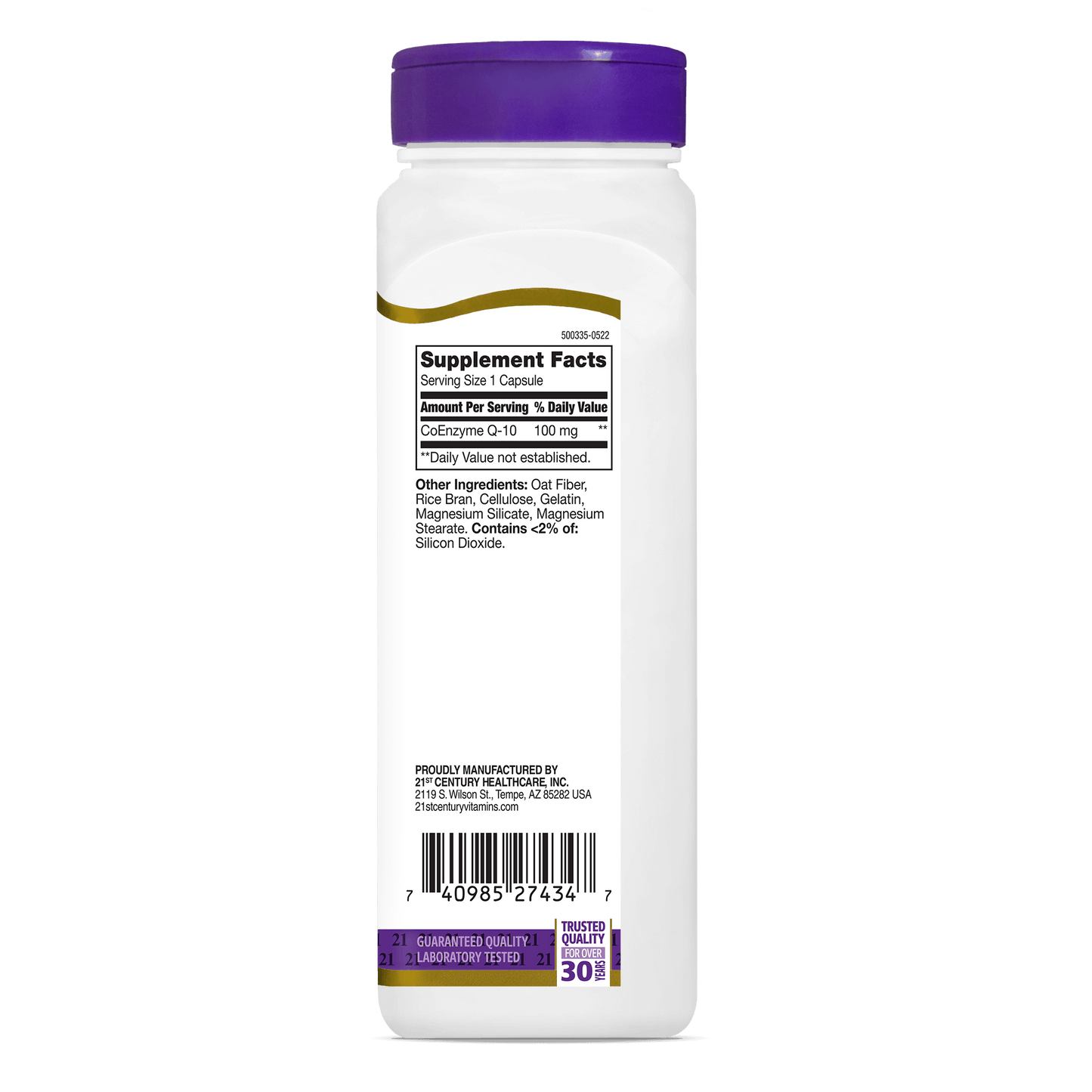 Right side bottle view 21st Century Co Q-10 100 mg capsules.