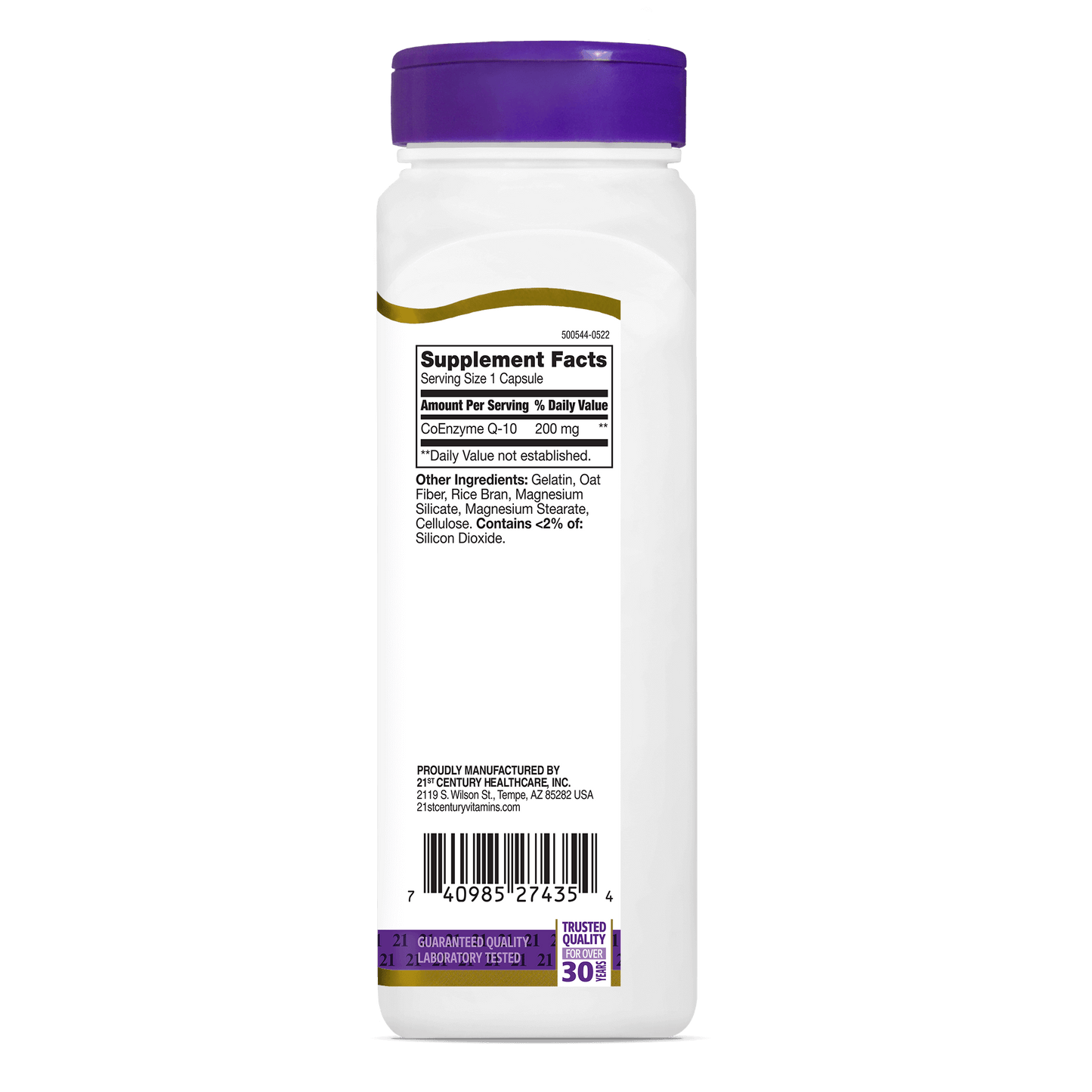 Right side bottle view of 21st Century Co Q-10 200 mg capsules.