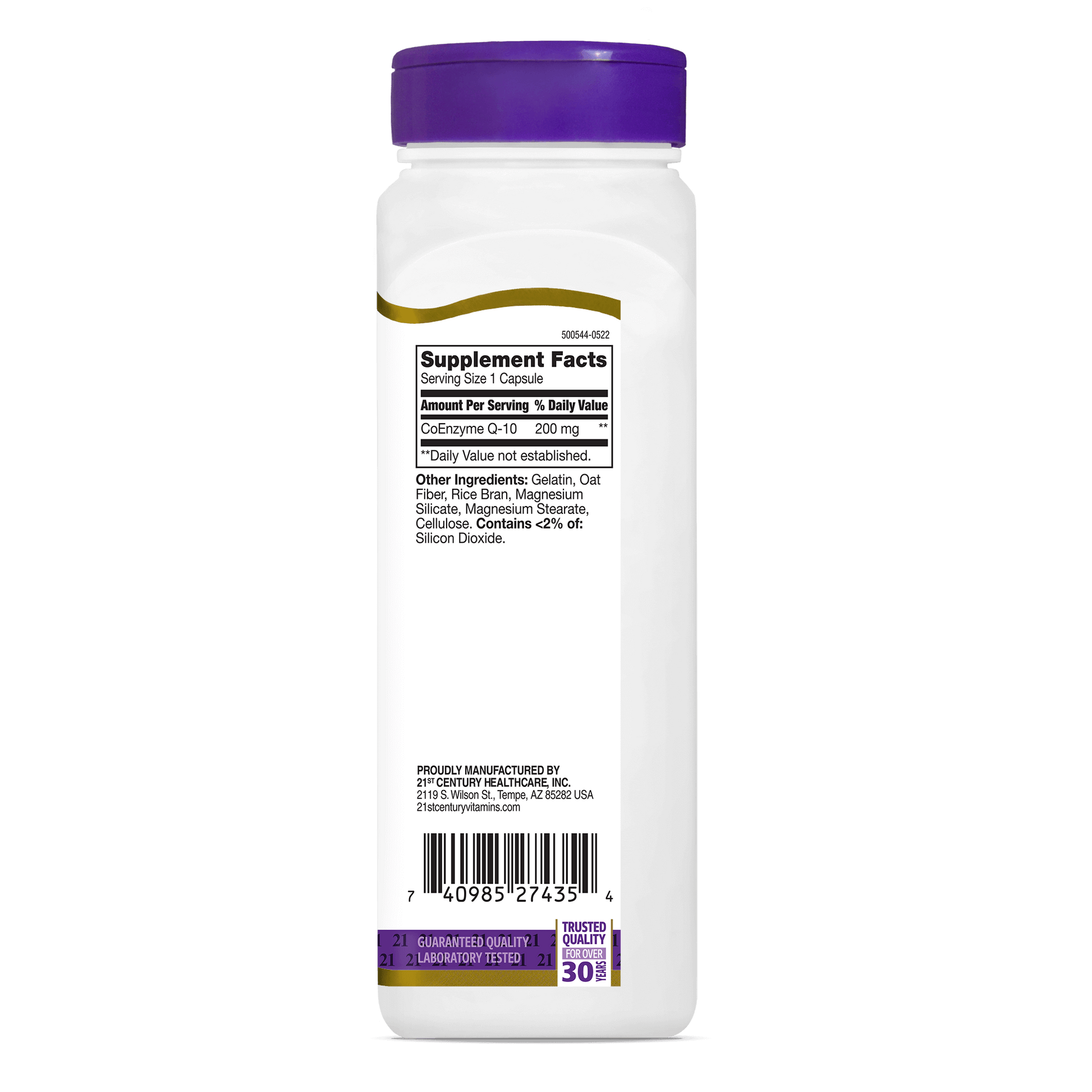 Right side bottle view of 21st Century Co Q-10 200 mg capsules.