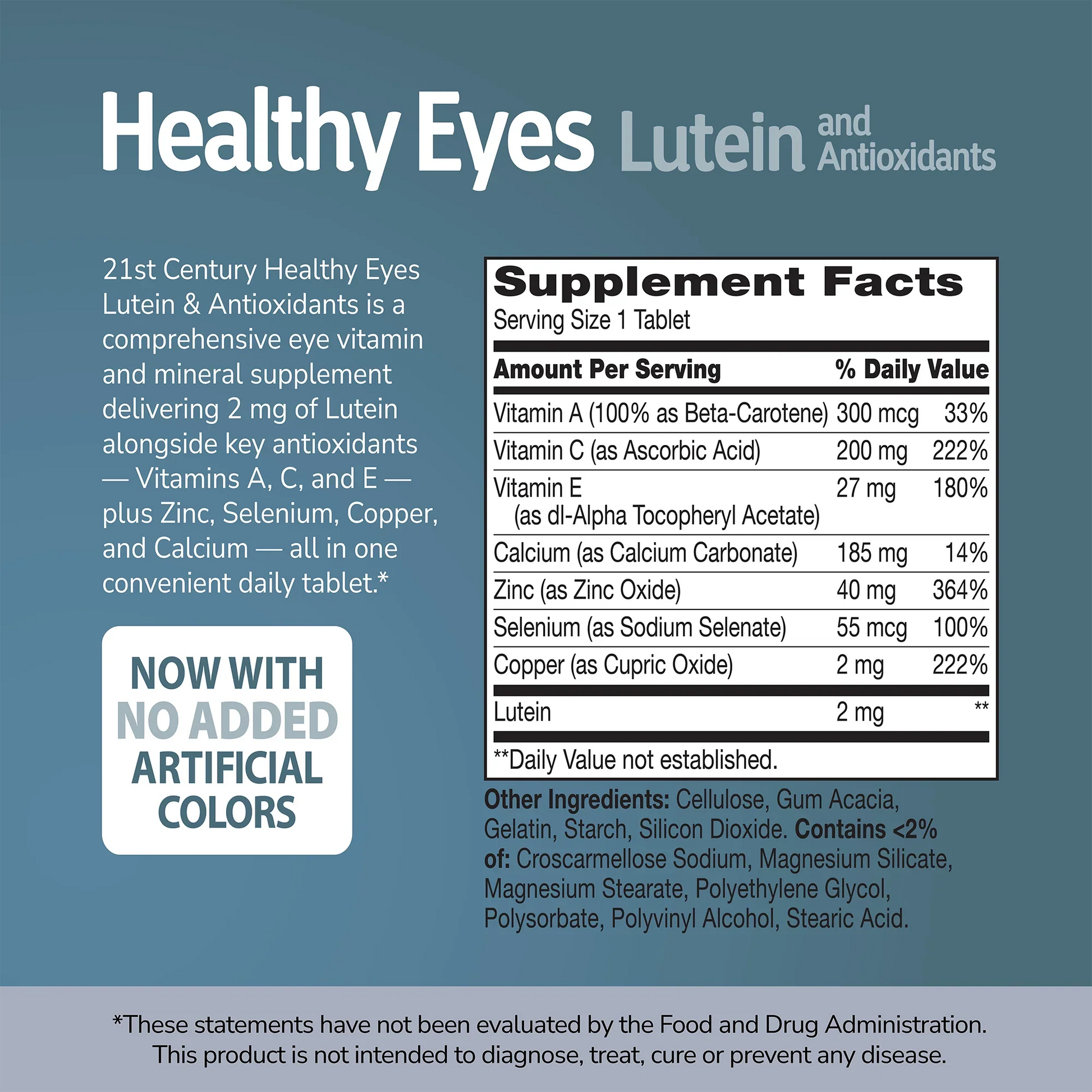 Supplement label for Healthy Eyes with Lutein with ingredient list and serving size on a blue background 