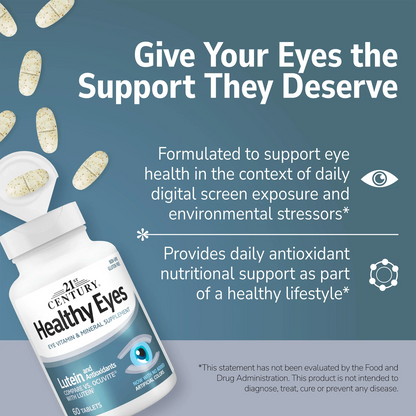 21st Century Healthy Eyes with Lutein supplement bottle with pills spilling out and white text on a blue background