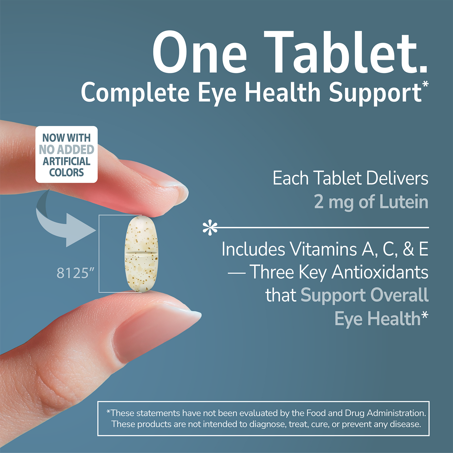 Hand holding a Healthy Eyes with Lutein  tablet with text about product benefits on a blue background