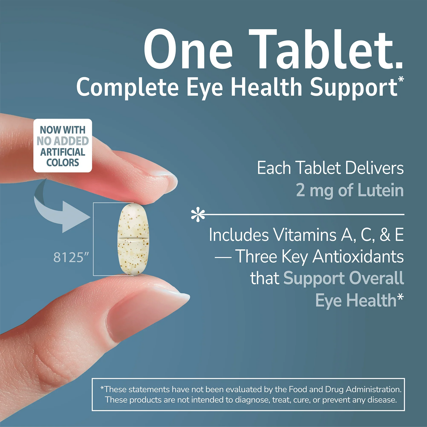 Hand holding a Healthy Eyes with Lutein supplement with text about product benefits on a blue background 