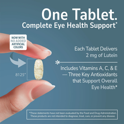 Hand holding a Healthy Eyes with Lutein supplement with text about product benefits on a blue background 