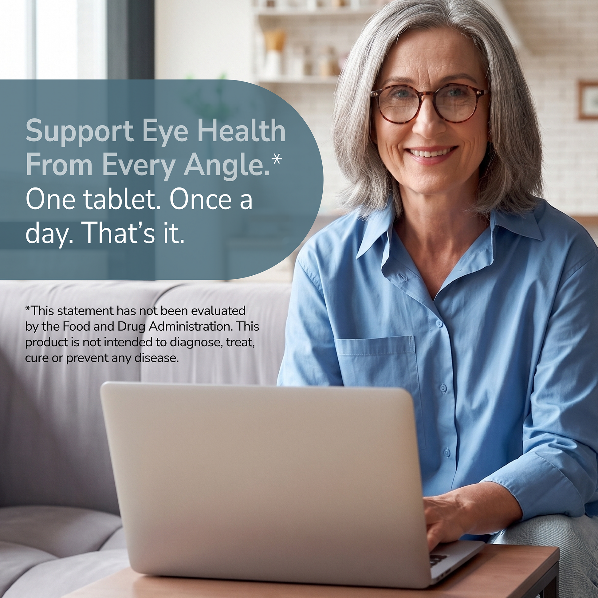 Woman on a laptop with health supplement information overlay
