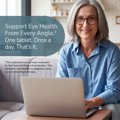 Woman on a laptop with health supplement information overlay