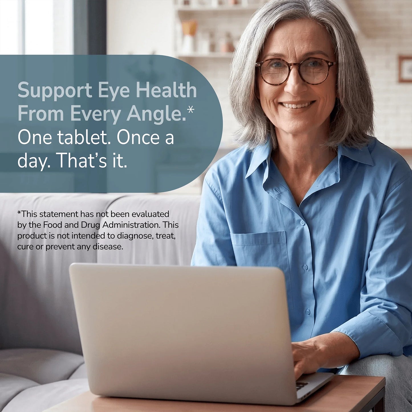 Happy woman sitting on a sofa with health supplement information overlay