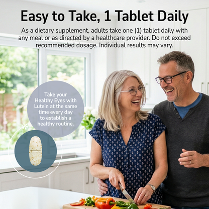 Man and woman smiling in a kitchen with a product advertisement overlay and product directions