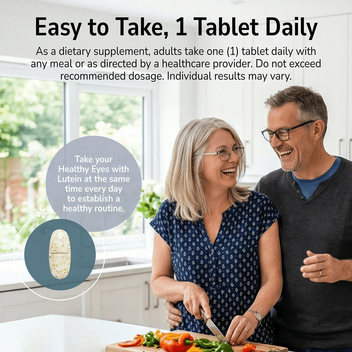 Man and woman smiling indoors with a product advertisement overlay and product directions