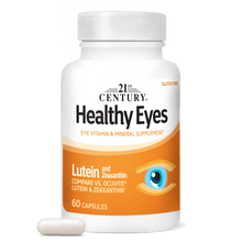 A bottle of 21st Century Healthy Eyes Lutein and Zeaxanthin capsules with a capsule in front.