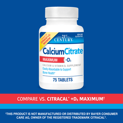 A bottle of 21st Century Calcium Citrate Maximum plus D3 tablets with the words compare vs citracal plus D3 maximum.