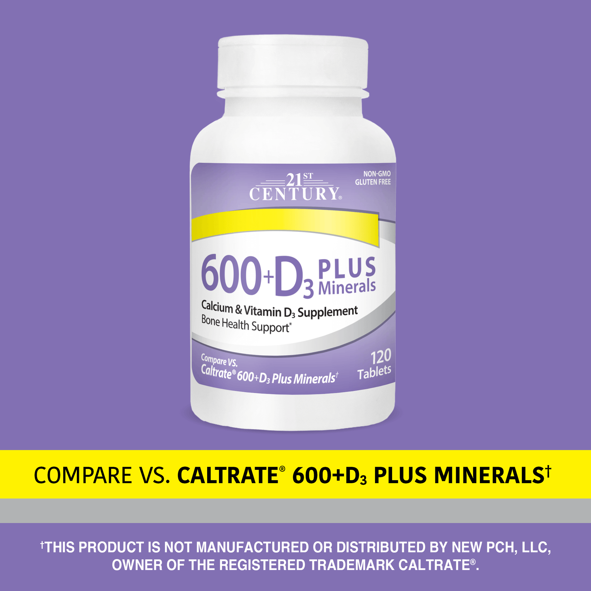 A bottle of 21st Century Calcium 600 plus D3 plus Minerals tablets with the words compare vs caltrate 600 plus D3 plus minerals.
