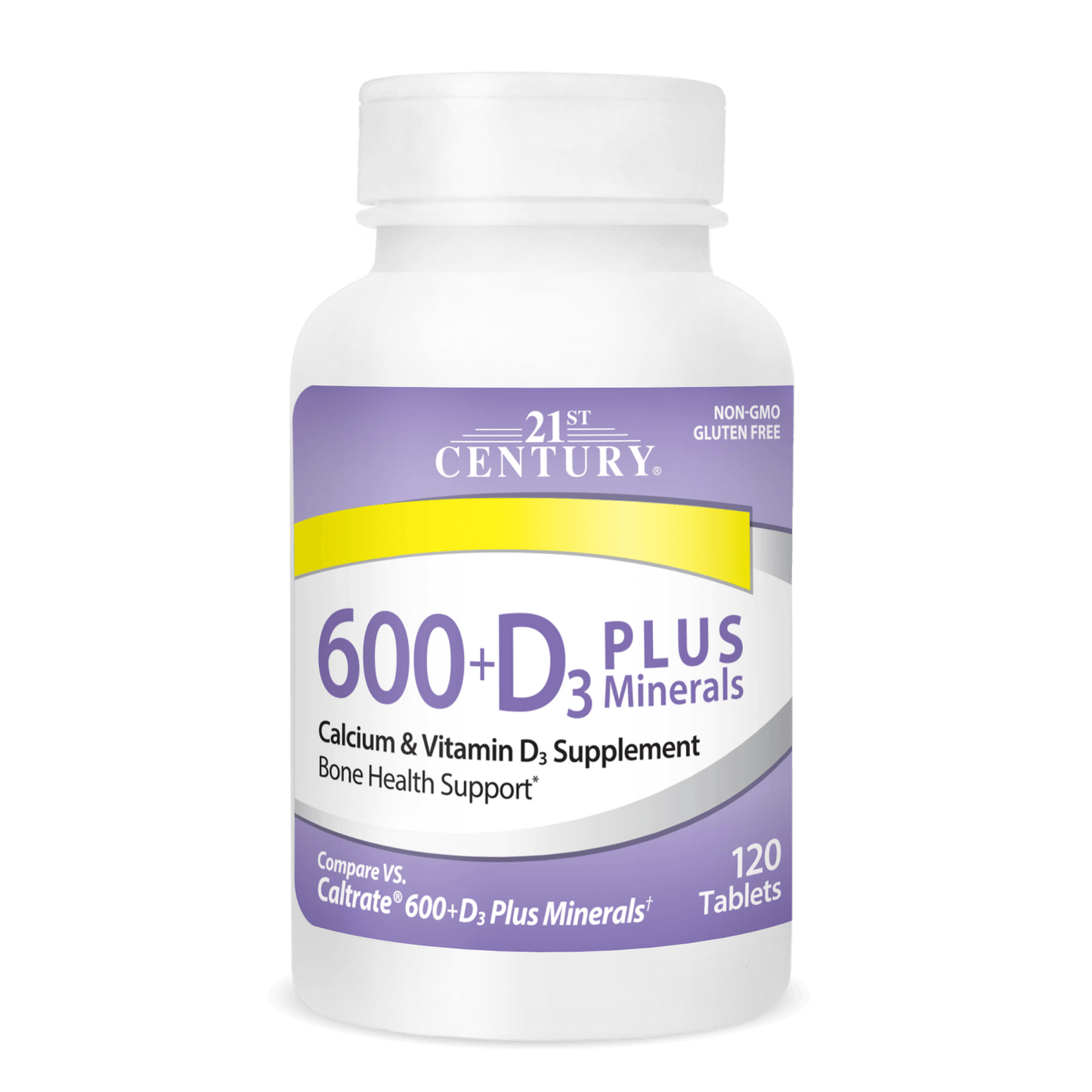 A bottle of 21st Century Calcium 600 plus D3 plus Minerals tablets.