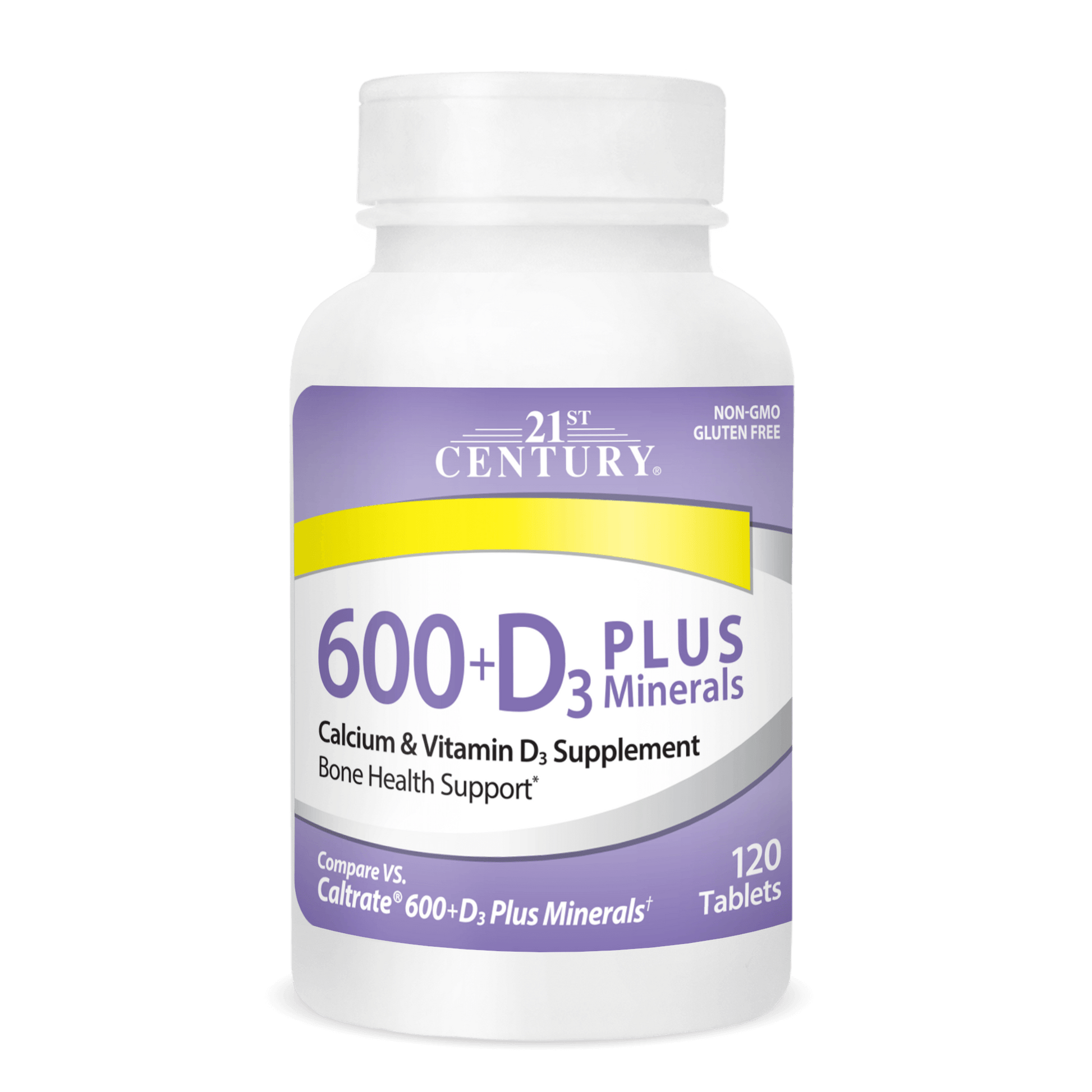 A bottle of 21st Century Calcium 600 plus D3 plus Minerals tablets.