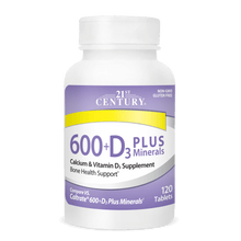 A bottle of 21st Century Calcium 600 plus D3 plus Minerals tablets.