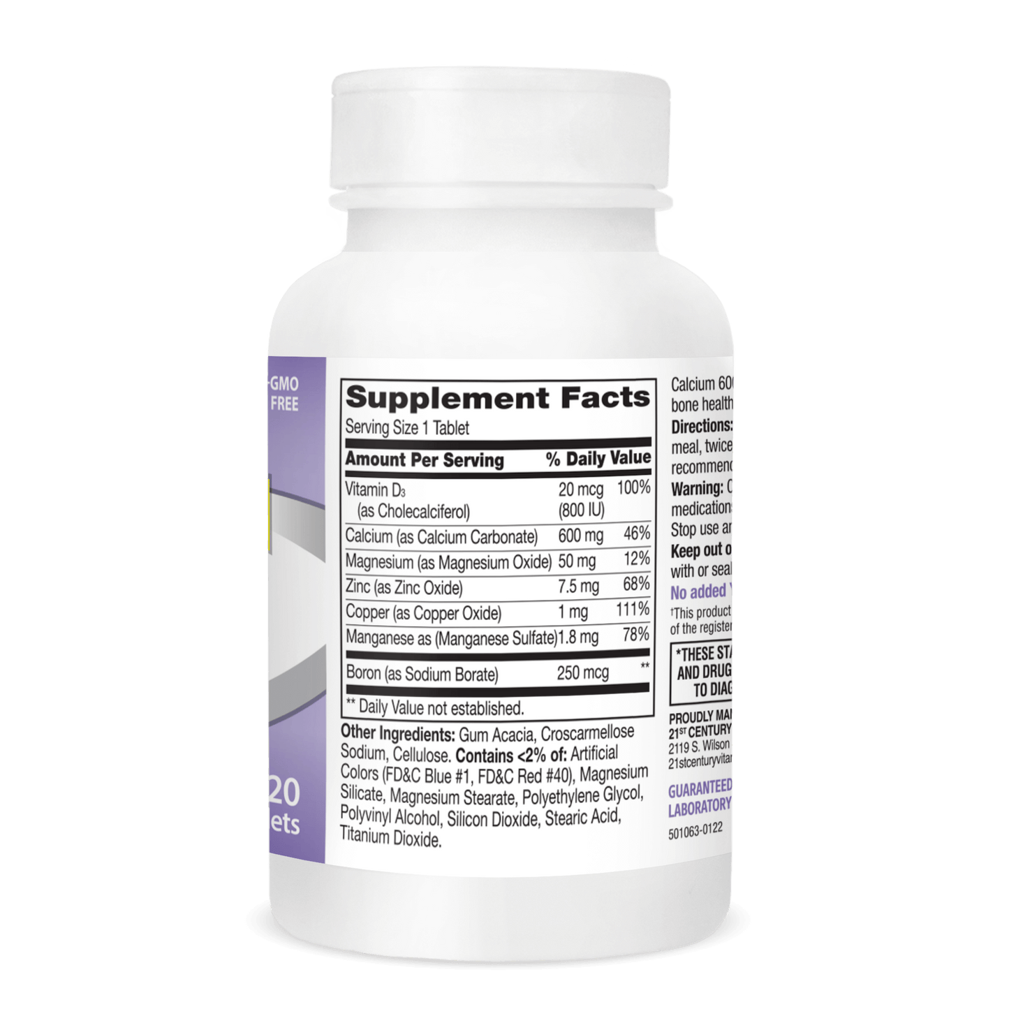 Left side bottle view of 21st Century Calcium 600 plus D3 plus Minerals tablets.