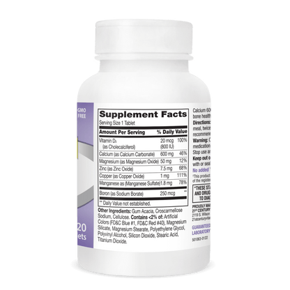 Left side bottle view of 21st Century Calcium 600 plus D3 plus Minerals tablets.