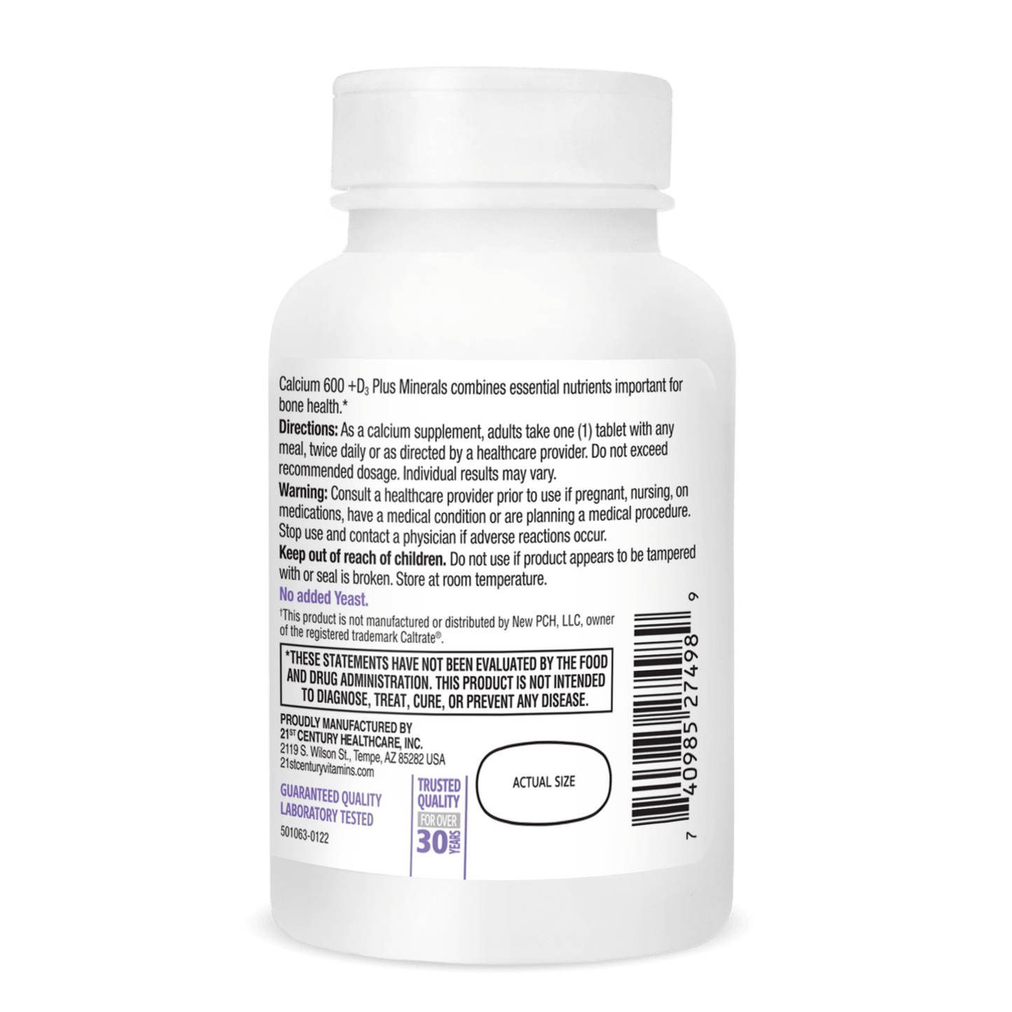 Right side bottle view of 21st Century Calcium 600 plus D3 plus Minerals tablets.