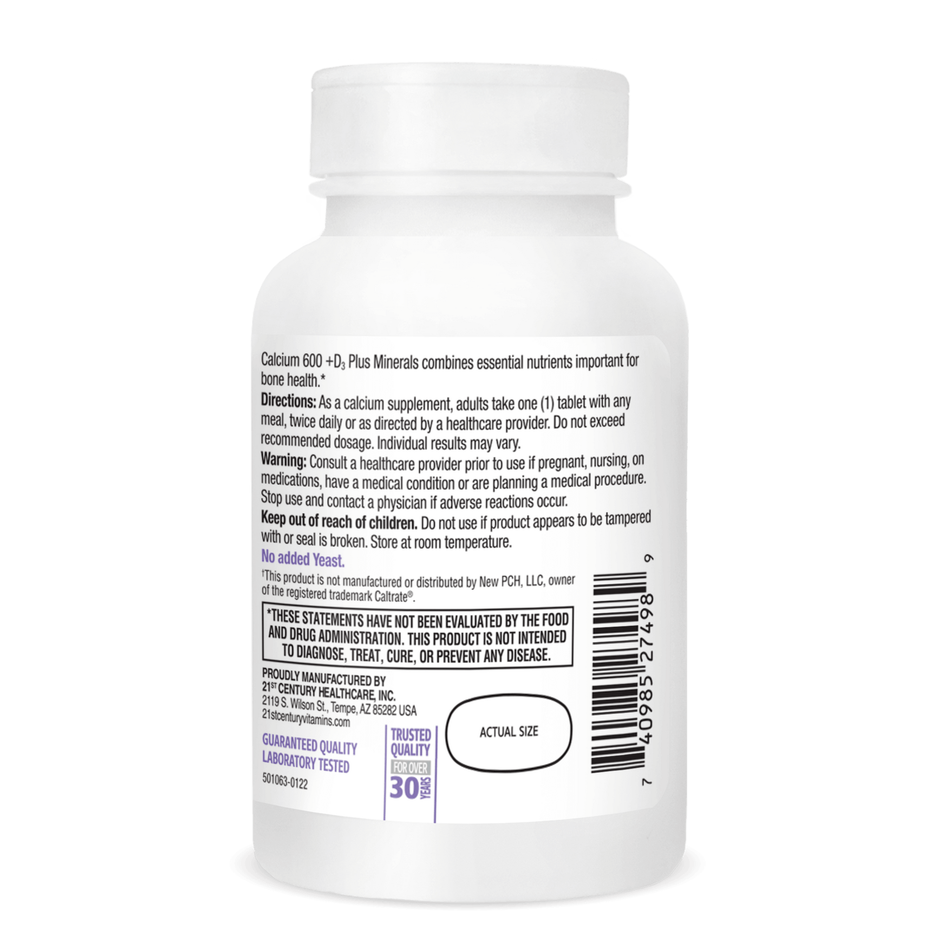Right side bottle view of 21st Century Calcium 600 plus D3 plus Minerals tablets.