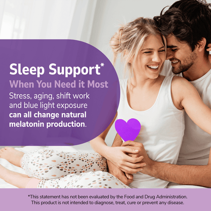 An image of a man with his arms wrapped around a woman and a purple paper heart in his hand sitting in bed, and the claim sleep support when you need it most, stress, aging, shift work and blue light exposure can all change natural melatonin production.