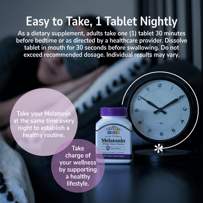 An image of a woman with an eye mask laying in bed sleeping, and alarm clock, melatonin 10 mg quick dissolve tablet directions for use and the statements take your melatonin at the same time every night to establish a healthy routine, and take charge of your wellness by supporting a healthy lifestyle.
