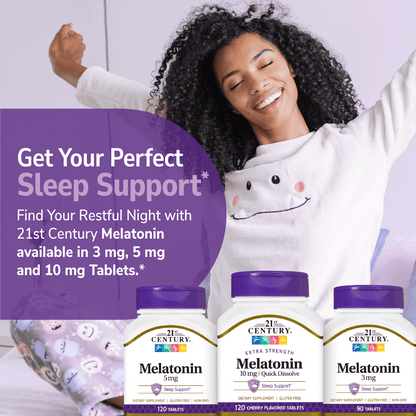An image of a black women sitting in bed stretching her arms up, a bottle of melatonin 5 mg, melatonin 3 mg and melatonin 10 mg quick dissolve tablets, and the claims get your perfect sleep support, and find your restful night with 21st century melatonin available in 3 mg, 5 mg and 10 mg tablets.