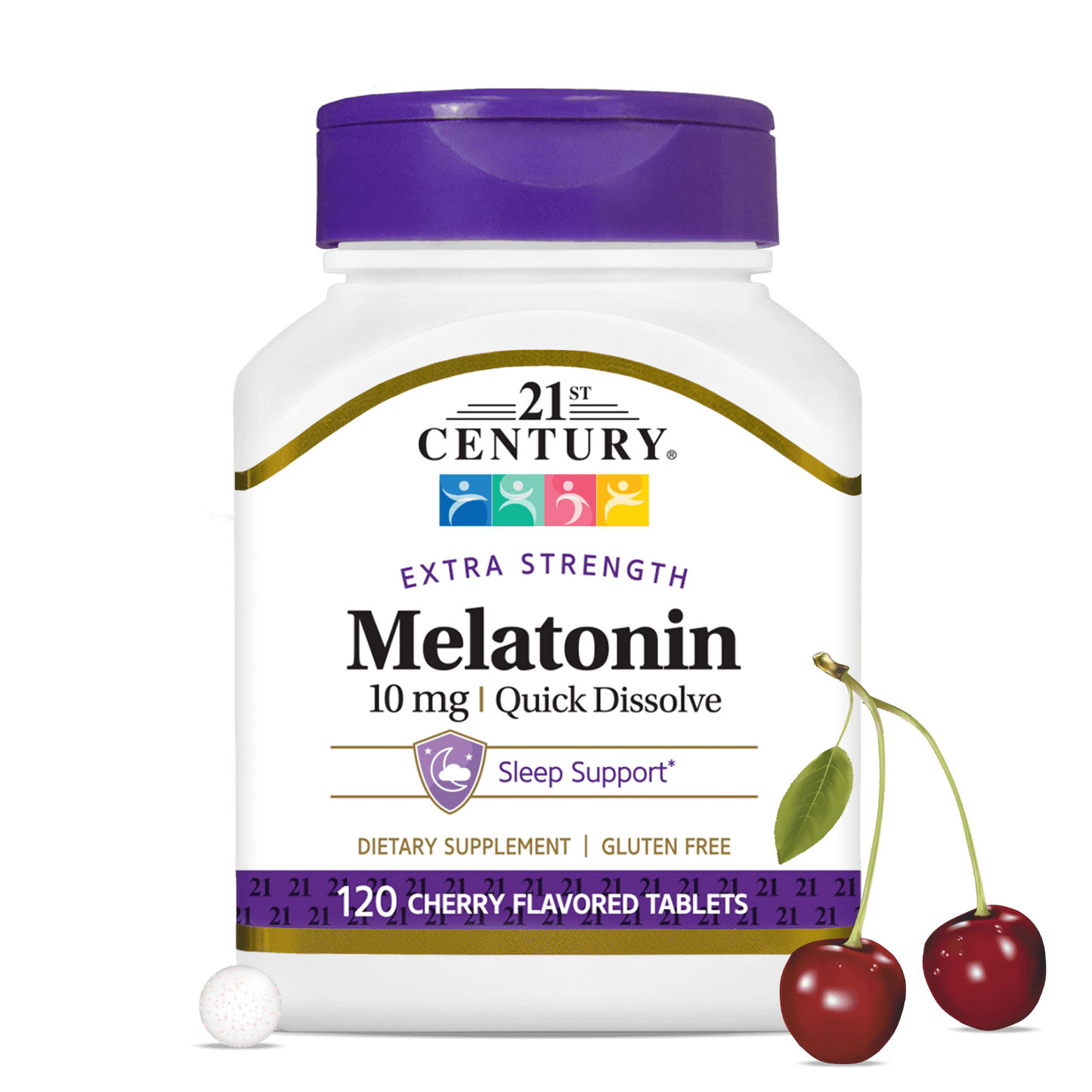 A bottle of 21st Century Melatonin 10 mg Quick Dissolve tablets and cherries.