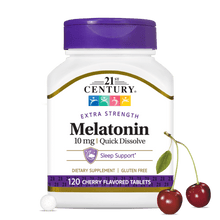 A bottle of 21st Century Melatonin 10 mg Quick Dissolve tablets and cherries.