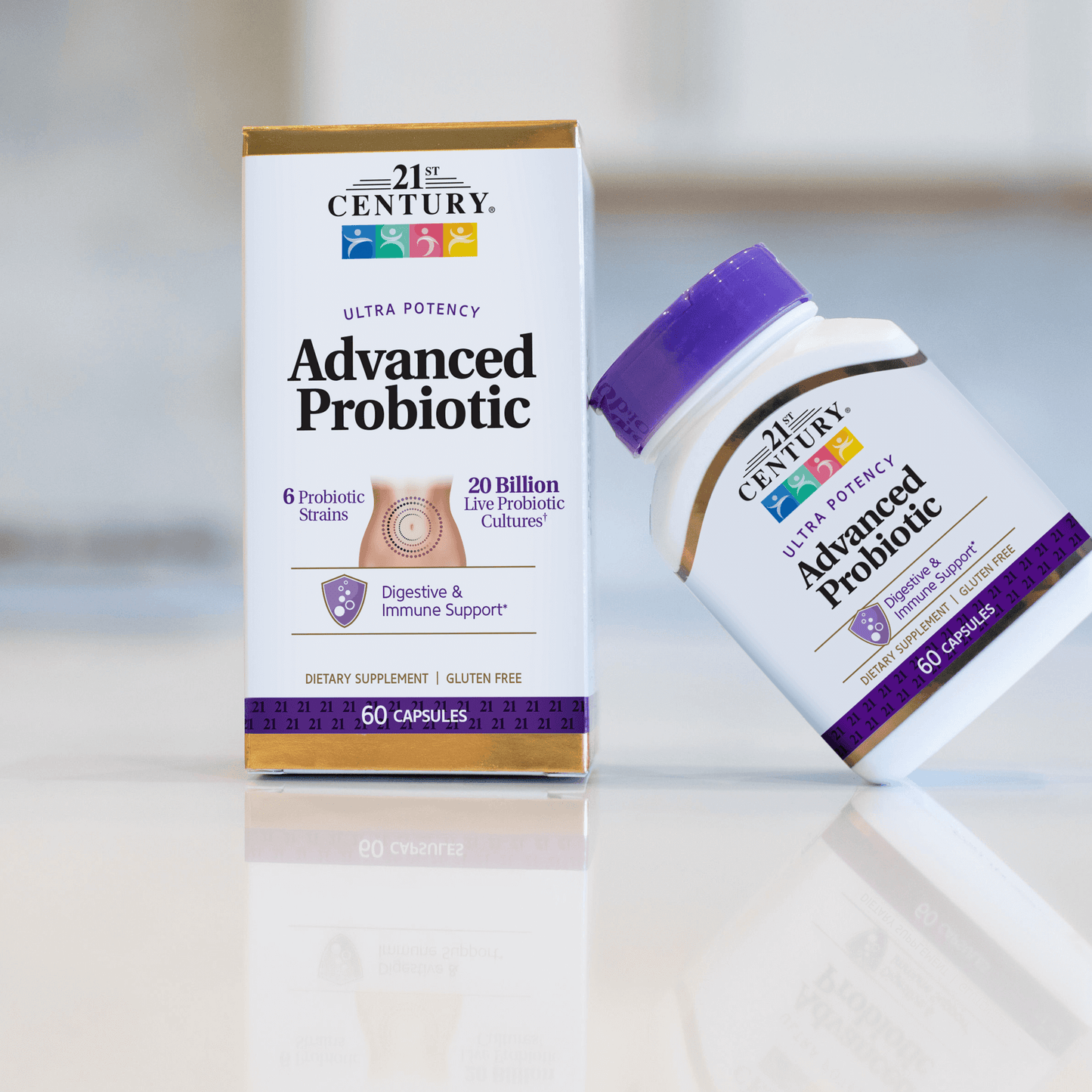 A bottle of 21st Century Advanced Probiotic capsules leaning against a box of Advanced Probiotic capsules.
