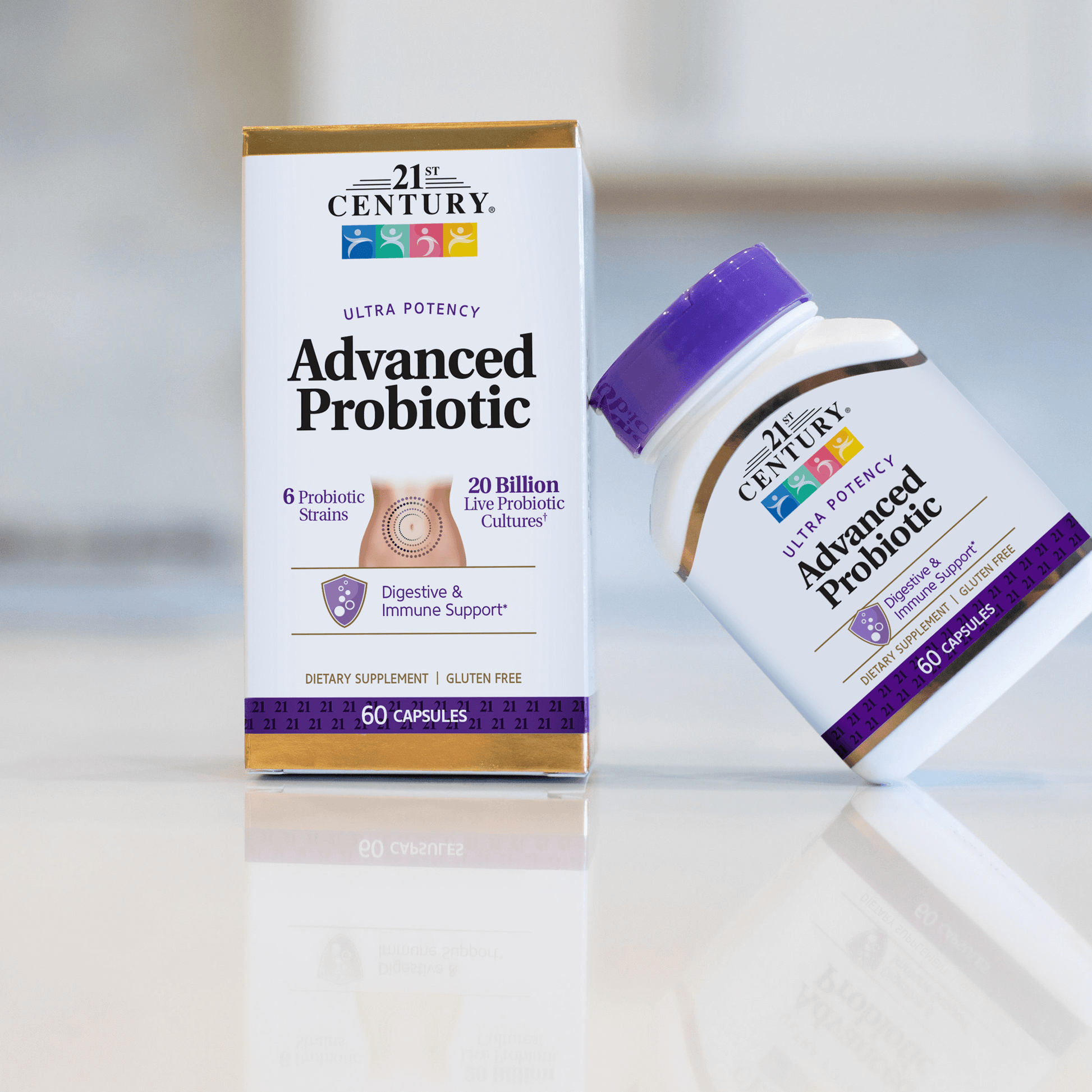 A bottle of 21st Century Advanced Probiotic capsules leaning against a box of Advanced Probiotic capsules.