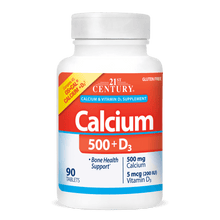 A bottle of 21st Century Calcium 500 plus D3 tablets.