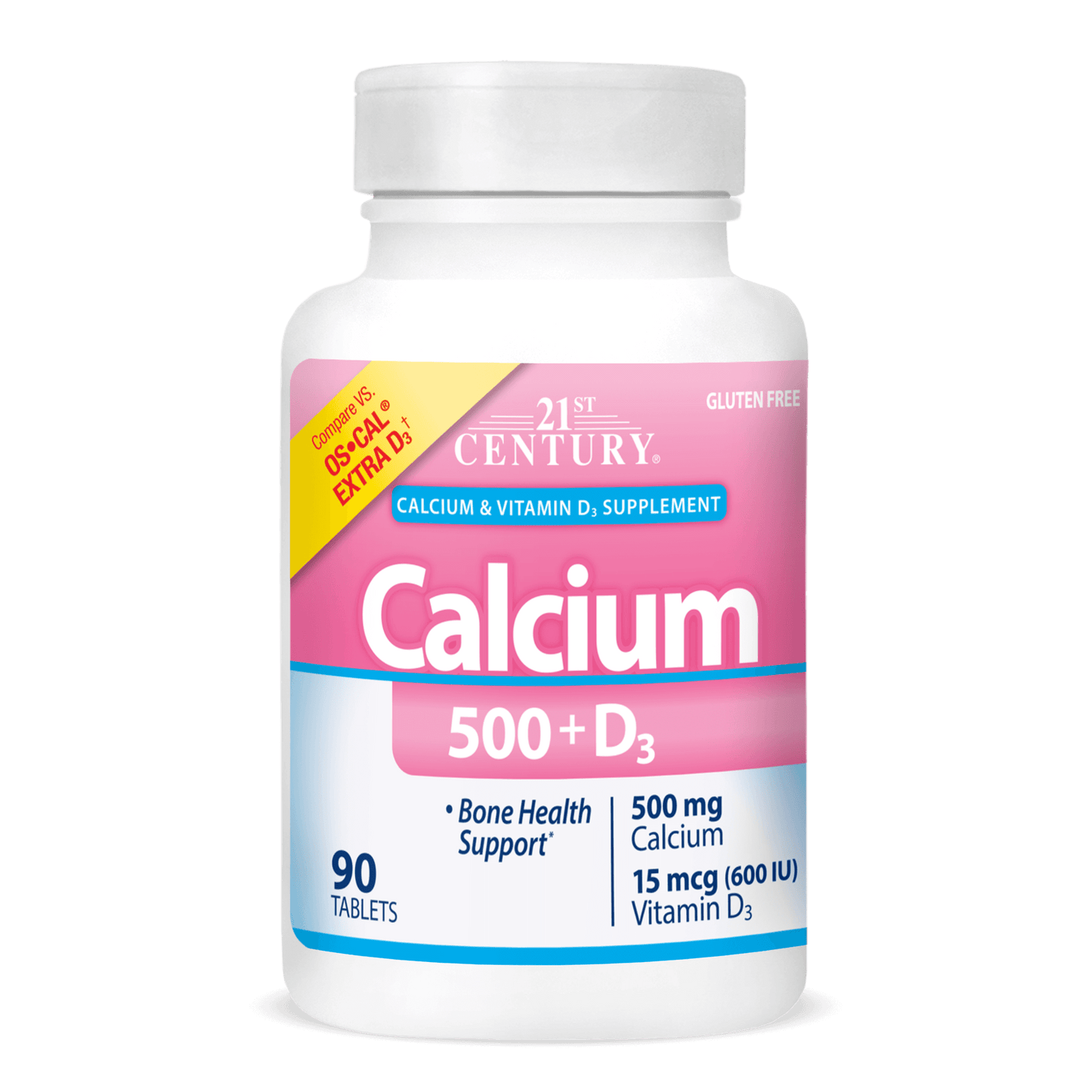 A bottle of 21st Century Calcium 500 plus D3 tablets.