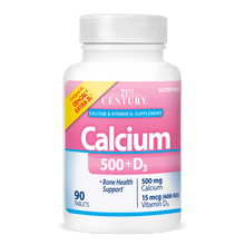 A bottle of 21st Century Calcium 500 plus D3 tablets.