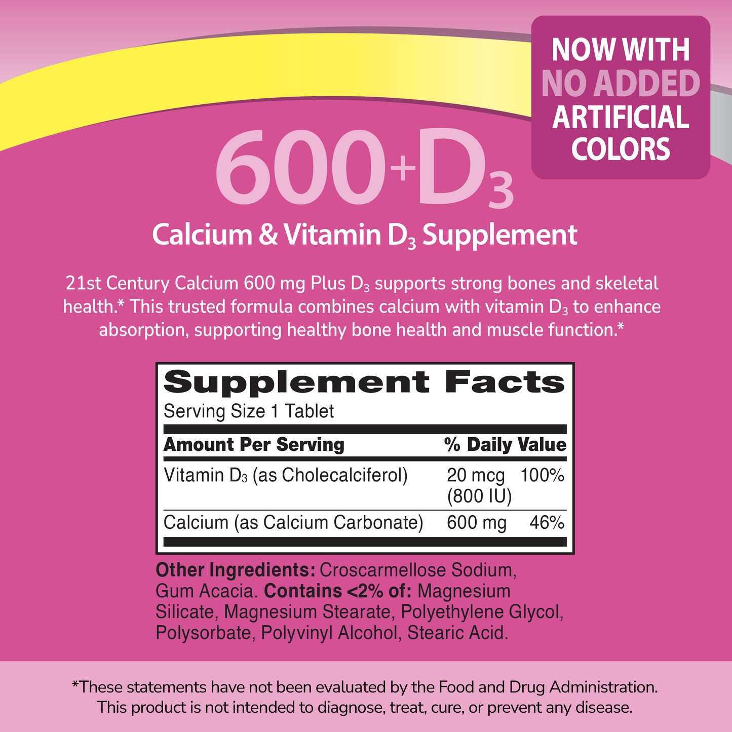 Supplement label for 21st Century Calcium 600 mg Plus D3 on a pink background