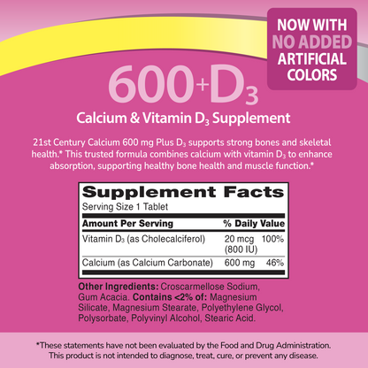 Supplement label for 21st Century Calcium 600 mg Plus D3 on a pink background