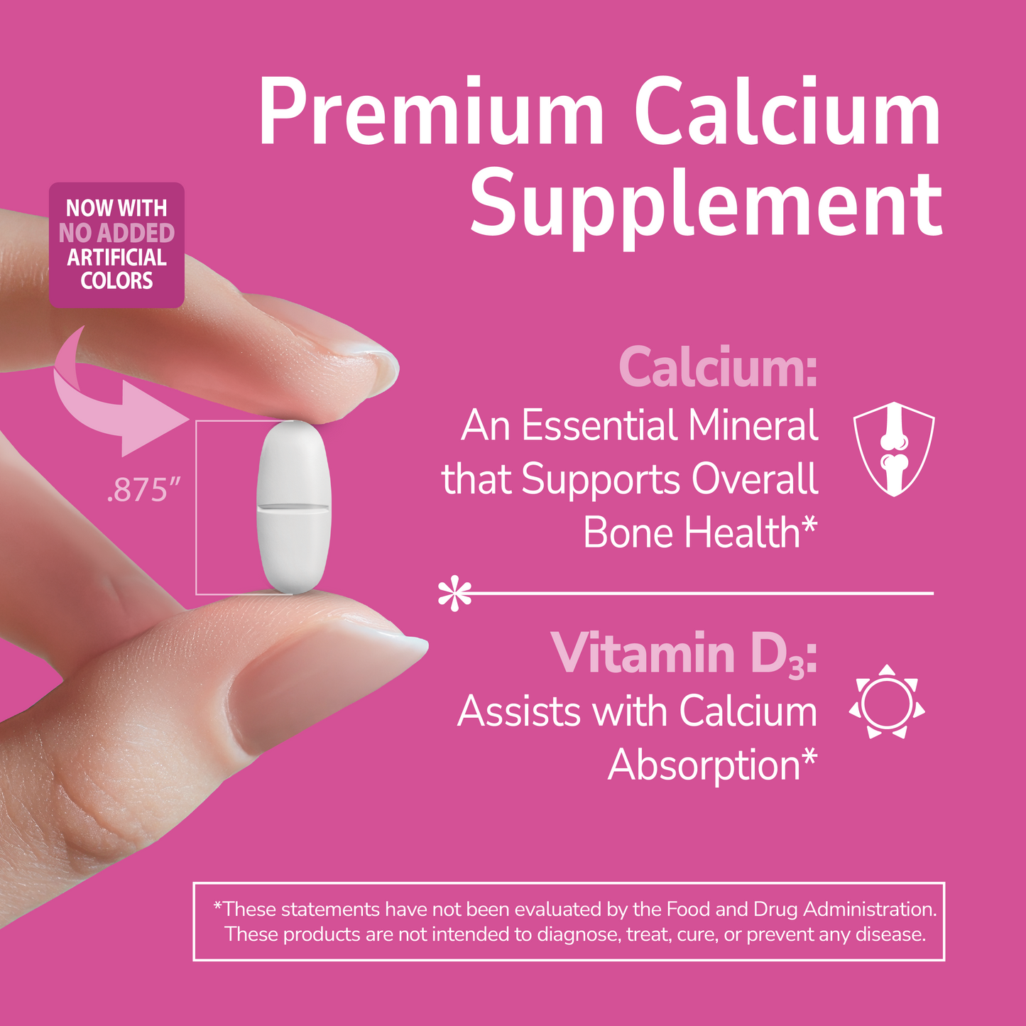Premium Calcium Supplement advertisement with a hand holding a supplement on a pink background