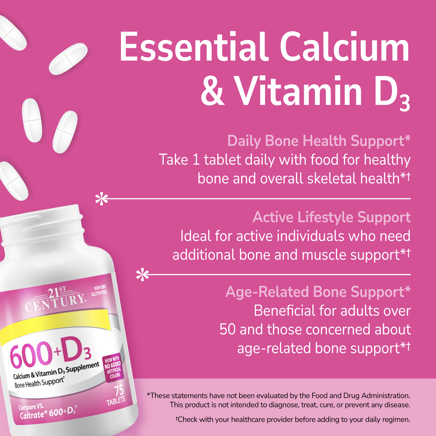 21st Century Calcium & Vitamin D3 supplement bottle on a pink background with text about bone health support.*