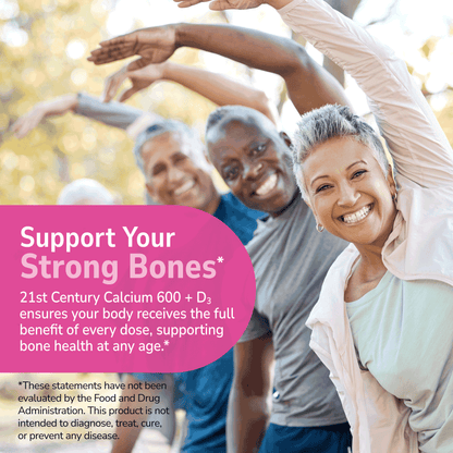 Advertisement for a calcium supplement with a group of people exercising outdoors.
