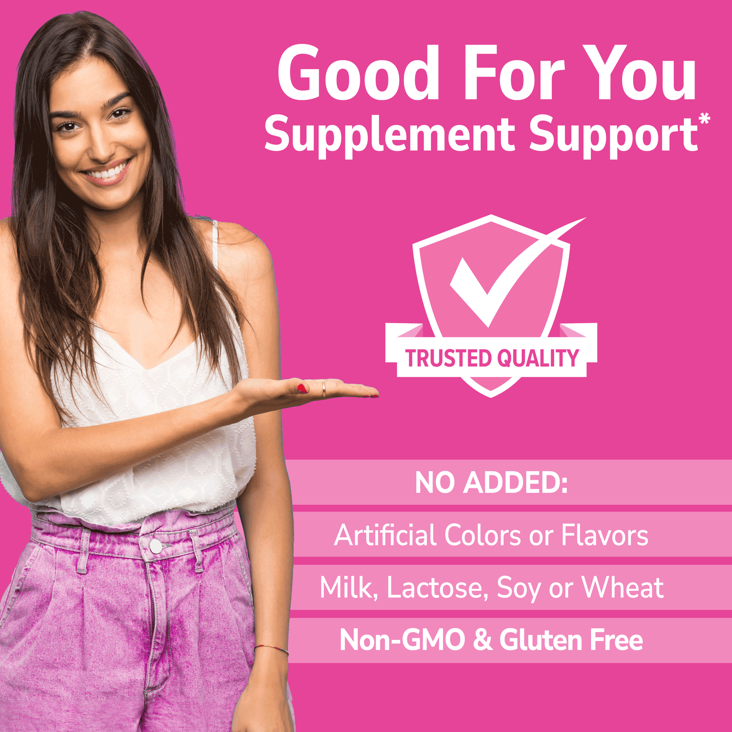 Woman standing with 'Good For You' branding on a pink background