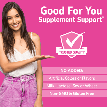 Woman standing with 'Good For You' branding on a pink background