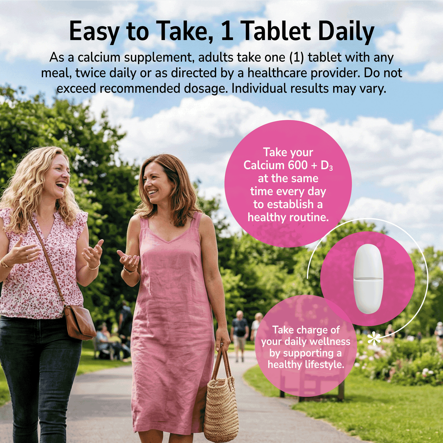 Two women walking outdoors with supplement advertisement overlay.