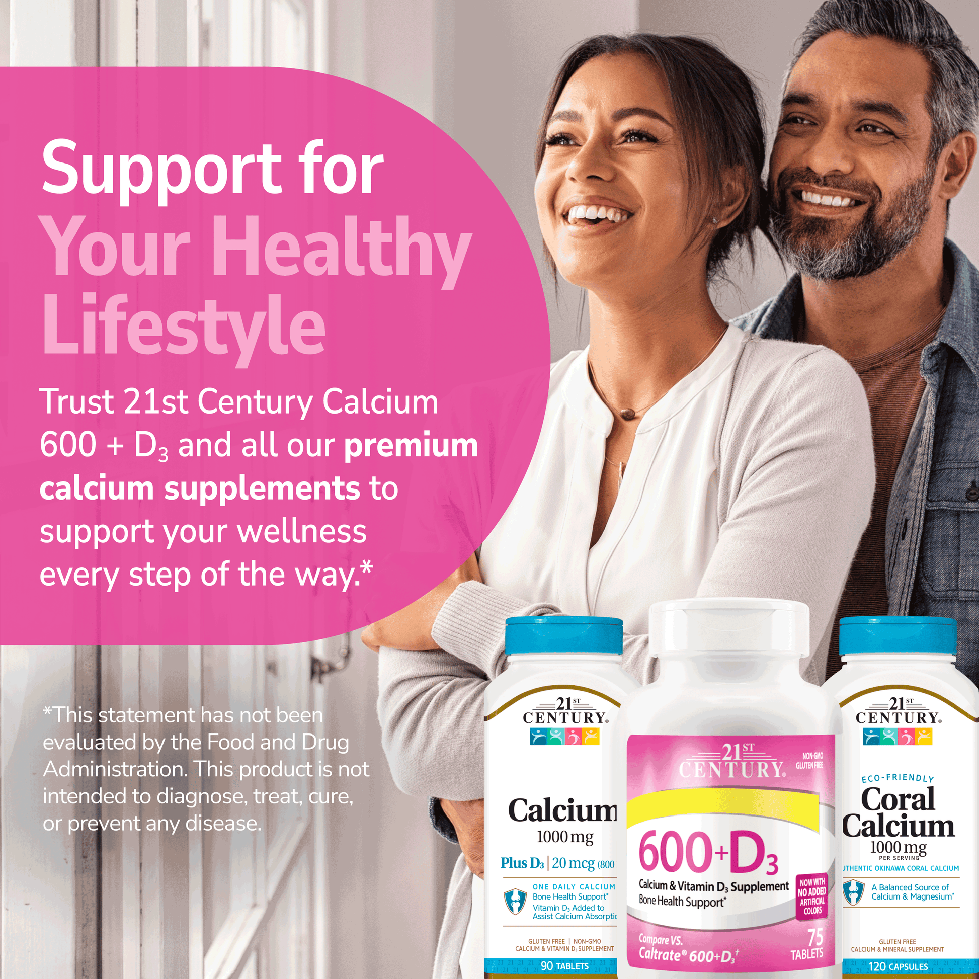 Advertisement for 21st Century Calcium supplements with a couple holding the products.