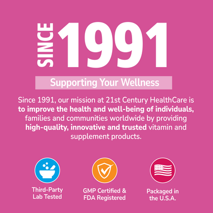 Promotional graphic for 21st Century HealthCare with text and icons on a pink background
