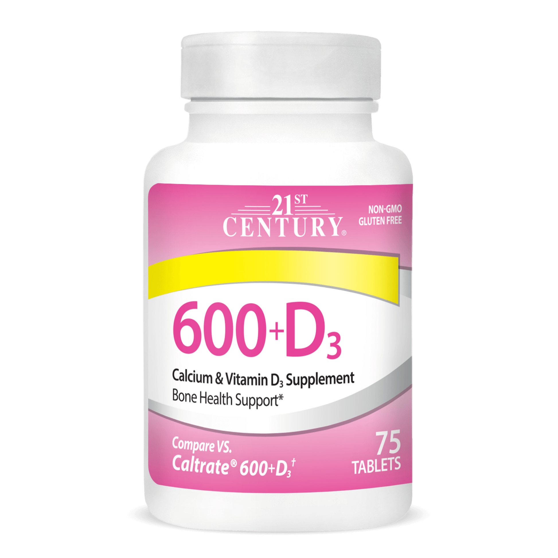 A bottle of 21st Century Calcium 600 plus D3 tablets.